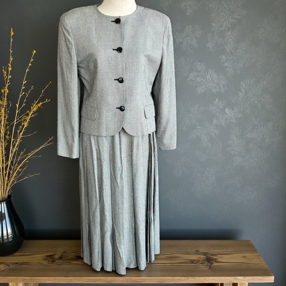 Christian Dior The Suit Vintage 80s Black Houndstooth Plaid Pleated Skirt Suit - Picture 1 of 8